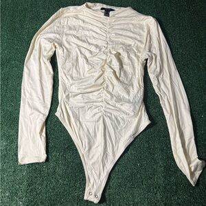 Forever 21 Cream Ruched Long Sleeve Bodysuit